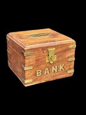 Vintage Handcrafted Wooden Money Bank With Brass Inlays